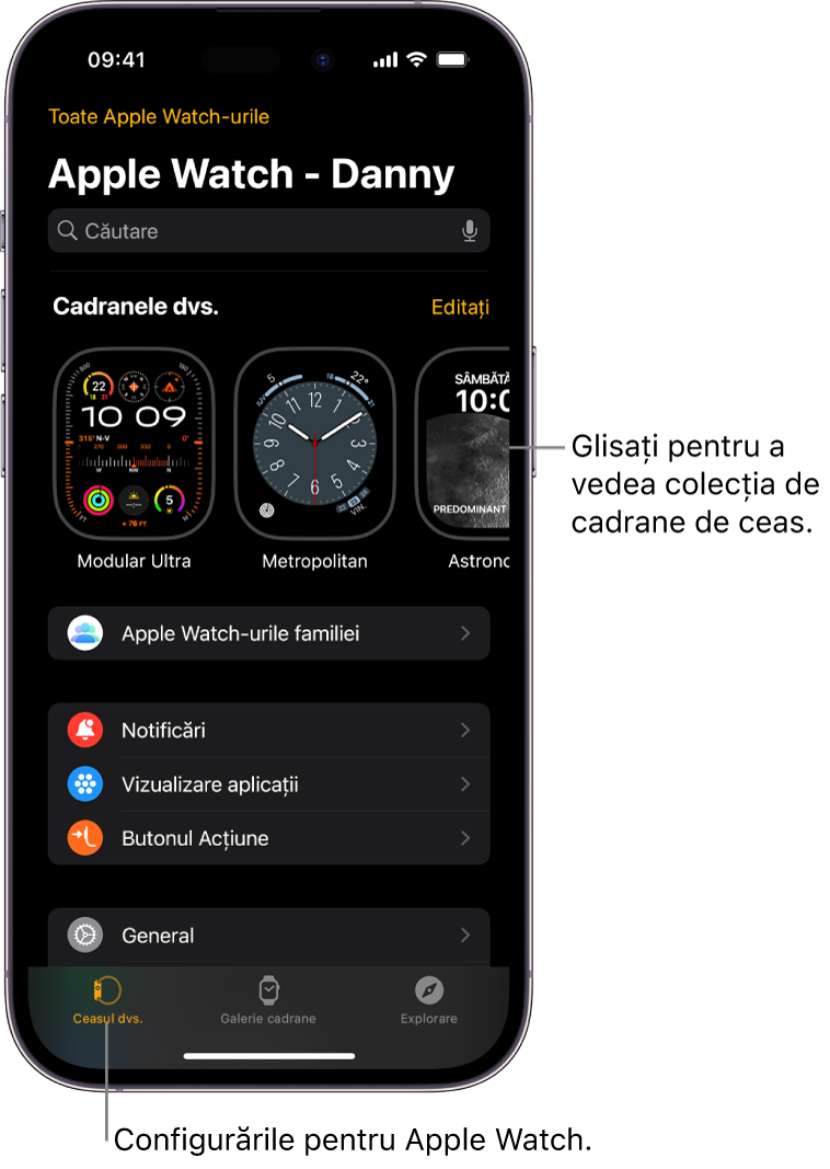 Aplicația Apple Watch de pe iPhone se deschide în ecranul Ceasul dvs., care prezintă cadranele dvs. de ceas sus și configurările dedesubt. Există trei file în partea de jos a ecranului aplicației Apple Watch: fila din stânga este Ceasul dvs., de unde accesați configurările Apple Watch; lângă aceasta este Galerie cadrane, de unde puteți explora cadranele și complicațiile disponibile; urmează Explorare, unde puteți afla mai multe despre Apple Watch.