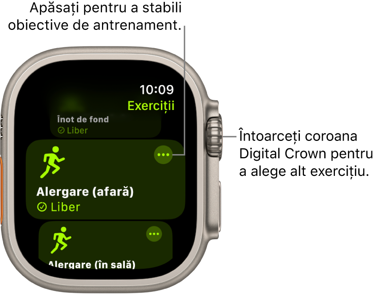 Ecranul Exerciții cu exercițiul Alergare (afară) evidențiat. Butonul Mai multe se află în colțul din dreapta sus al ferestrei exercițiului.