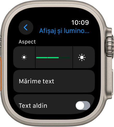 Configurările de afișaj și luminozitate de pe Apple Watch, cu glisorul Luminozitate în partea de sus și dedesubt butonul Mărime text.