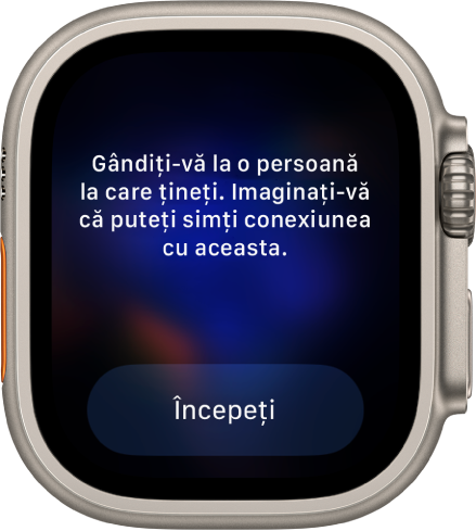 Aplicația Conștientizare afișează un gând asupra căruia puteți reflecta: “Gândiți-vă la o persoană la care țineți. Imaginați-vă că puteți simți conexiunea cu aceasta”. Butonul Începeți se află dedesubt.
