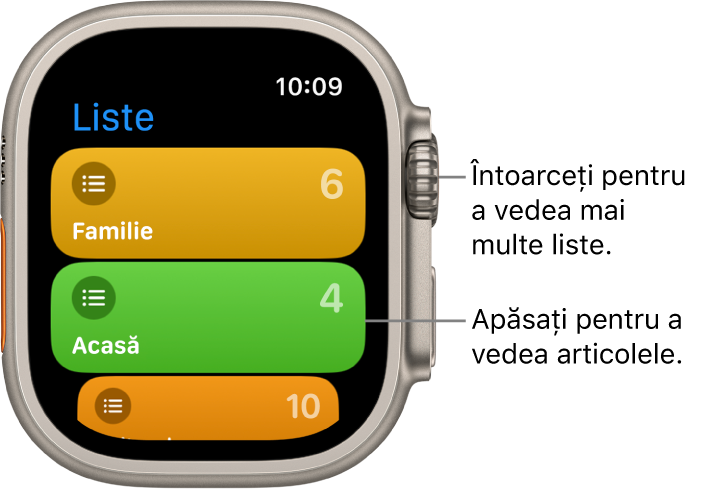 Ecranul Liste al aplicației Mementouri prezentând două butoane pentru liste: Familie și Acasă. Numerele din dreapta arată câte mementouri se află în fiecare listă. Apăsați pe o listă pentru a vizualiza articolele de pe ea sau întoarceți coroana Digital Crown pentru a vedea mai multe liste.
