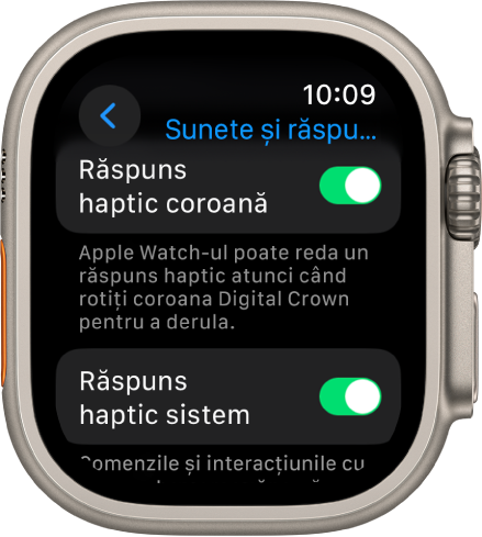Ecranul Răspuns haptic coroană, prezentând comutatorul Răspuns haptic coroană activat. Comutatorul Răspuns haptic sistem se află dedesubt.