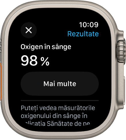 Ecranul rezultatelor Oxigen în sânge prezentând o saturație a oxigenului din sânge de 98%. Un buton Aflați mai multe se află dedesubt.