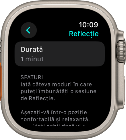 Aplicația Conștientizare afișând o durată de un minut în partea de sus. Dedesubt se află sfaturile pentru îmbunătățirea unei sesiuni Reflecție.