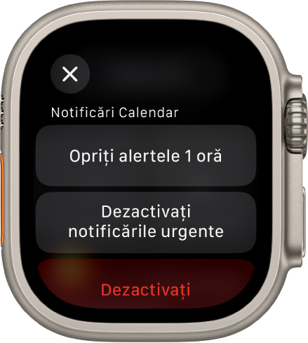 Configurările notificărilor pe Apple Watch. Pe butonul de sus scrie "Opriți alertele 1 oră”. Dedesubt se află butoanele Dezactivați notificările urgente și Dezactivați.
