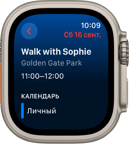 Экран Календаря, на котором показано новое событие. Название события находится сверху, а поле с указанием времени и места проведения показано ниже. Дата события отображается в правом верхнем углу. Под названием приложения «Календарь» указано название календаря, к которому относится это событие.