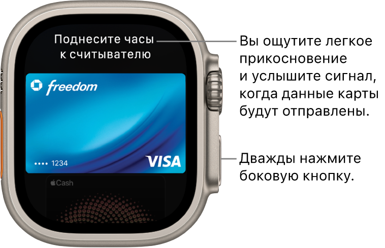 Экран Apple Pay. Вверху отображается фраза «Поднесите устройство к терминалу». Когда данные Вашей карты будут отправлены, Вы ощутите легкое прикосновение и услышите звуковой сигнал.
