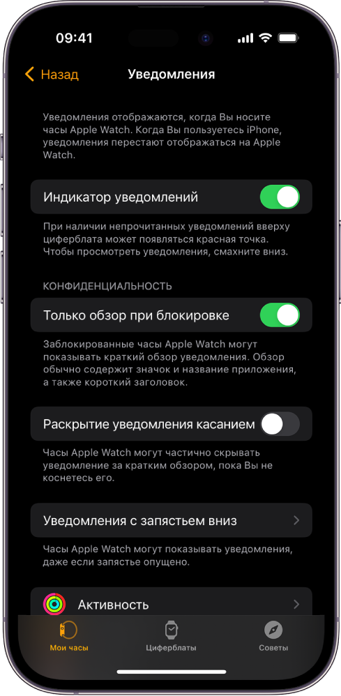 Экран «Уведомления» в приложении Apple Watch на iPhone, с приложениями, которые отправили уведомления.