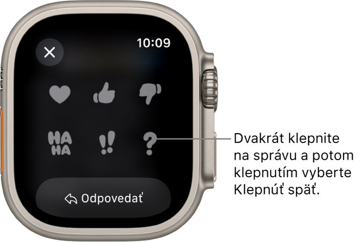 Konverzácia v aplikácii Správy s možnosťami funkcie Tapback: srdce, palec nahor, palec nadol, smiech, !! a ?. Pod tým je tlačidlo Odpovedať.