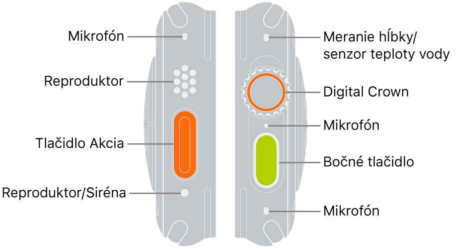 Pohľad na hodinky Apple Watch Ultra z dvoch strán. Naľavo je ľavá časť zadnej strany hodiniek Apple Watch Ultra. Popisy zhora nadol označujú mikrofón, reproduktor, tlačidlo Akcia a otvor reproduktora, z ktorého vychádza zvuk sirény. Napravo je pravá časť zadnej strany hodiniek Apple Watch Ultra. Popisy zhora nadol označujú čidlo merača hĺbky a teploty vody, korunku Digital Crown, mikrofón, bočné tlačidlo a ďalší mikrofón.