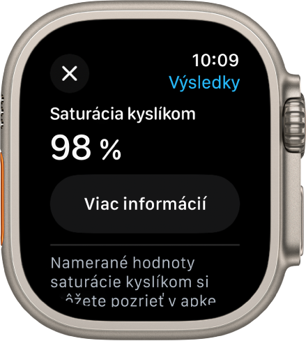 Obrazovka s výsledkami saturácie kyslíkom, na ktorej sa zobrazuje 98-percentná saturácia kyslíkom. Nižšie sa nachádza tlačidlo Viac informácií.