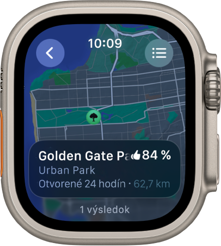 Apka Mapy s mapou sanfranciského parku Golden Gate spolu s hodnotením parku, otváracími hodinami a vzdialenosťou od aktuálnej polohy. Vpravo hore sa nachádza tlačidlo Trasy. Vľavo hore je tlačidlo Späť.