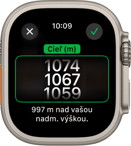 Apka Kompas s obrazovkou Cieľová nadmorská výška. V strede obrazovky je posuvný zoznam nadmorských výšok. V strede obrazovky je posuvný zoznam nadmorských výšok. Pod zoznamom je uvedený rozdiel medzi vybranou nadmorskou výškou a vašou aktuálnou nadmorskou výškou. Hore je tlačidlo Zavrieť a tlačidlo so symbolom zaškrtnutia.