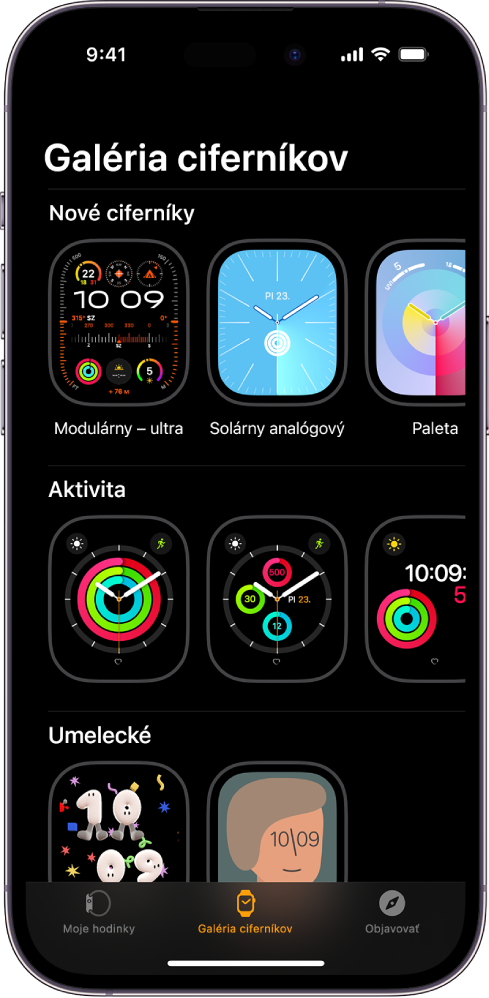Galéria ciferníkov v apke pre Apple Watch. Horný rad zobrazuje nové ciferníky, ďalší rad zobrazuje ciferníky podľa typu, napríklad Aktivita alebo Umelecké. Rolovaním zobrazíte ďalšie ciferníky zoskupené podľa typu.