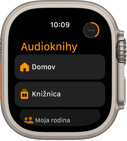 Apka Audioknihy s tlačidlami Domov, Knižnica a Moja rodina.