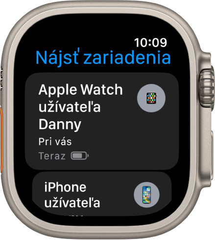 Apka Nájsť zariadenia zobrazujúca dve zariadenia – hodinky Apple Watch a iPhone.