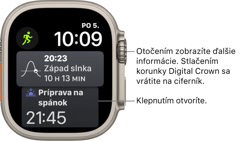 Ciferník Siri zobrazujúci dátum a čas vpravo hore. Vľavo hore je komplikácia Fáza mesiaca, pod ňou komplikácia Východ/západ slnka a dole komplikácia Spánok.