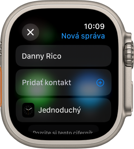 Na obrazovke hodiniek Apple Watch je zobrazená správa o zdieľaní ciferníka s menom príjemcu navrchu. Pod ňou je tlačidlo Pridať kontakt a názov ciferníka.