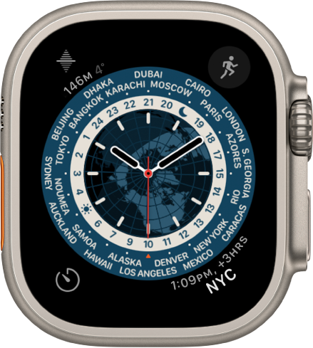Številčnica World Time (Svetovni čas) prikazuje analogno uro. Na sredini je zemljevid sveta, ki prikazuje dan in noč. Okrog številčnice so prikazane številke in imena mest, ki označujejo čas na vsaki lokaciji. Pripomočki so v vseh kotih: Elevation (Nadmorska višina) zgoraj levo, Workout (Vadba) zgoraj desno, Timers (Časovniki) spodaj levo in World Clock (Svetovna ura) spodaj desno.