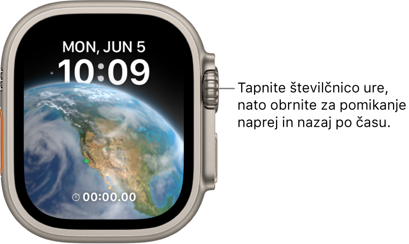 Astronomska številčnica, ki prikazuje dan, datum in trenutni čas. Spodaj desno je pripomoček časovnika. Tapnite številčnico, nato za premikanje naprej ali nazaj obračajte gumb Digital Crown.