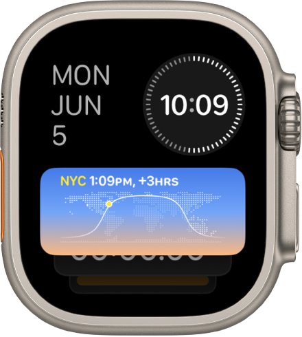 Smart Stack na Apple Watch Ultra prikazuje tri pripomočke: Dan in datum zgoraj levo, digitalni čas zgoraj desno in svetovna ura na sredini.