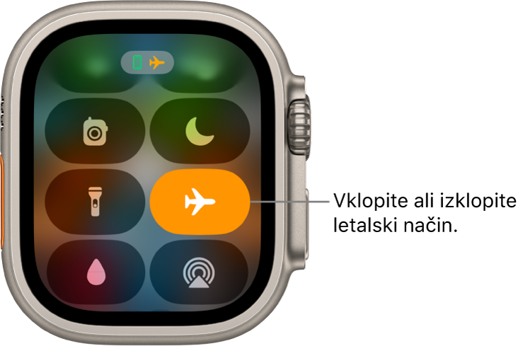 Control Center (Središče za nadzor), v katerem je osvetljen gumb za letalski način, kar pomeni, da je način vklopljen.