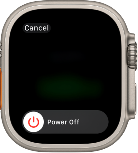 Zaslon ure Apple Watch, na katerem je prikazan drsnik Power Off (izklop). Povlecite drsnik, da izklopite uro Apple Watch.