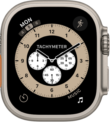 Številčnica v obliki Chronograph, kjer lahko prilagodite barvo in podrobnosti številčnice. Pripomočki na njej: Calendar (Koledar) zgoraj levo, Workout (Vadba) zgoraj desno, Timers (Časovniki) spodaj levo in Music (Glasba) spodaj desno.