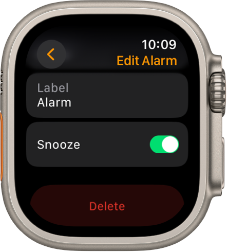 Zaslon možnosti Edit Alarm (Uredi alarm) z gumbom Delete (Izbriši) na dnu zaslona.