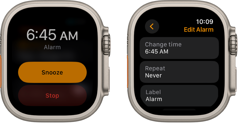 Dva zaslona ur: Prvi prikazuje številčnico z gumboma Snooze (Dremež) in Stop (Ustavi), drugi pa prikazuje nastavitve Edit Alarm (Uredi alarm) z gumbi Change time (Spremeni čas), Repeat (Ponovi) in Label (Oznaka). Spodaj desno je stikalo Snooze (Dremež). Stikalo Snooze (Dremež) je izklopljeno.