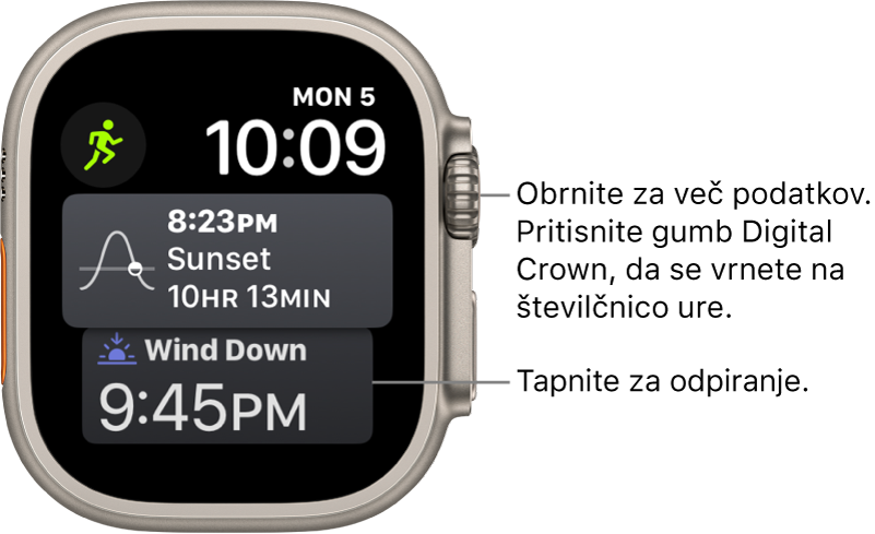 Številčnica Siri, ki prikazuje datum in čas zgoraj desno. V zgornjem levem kotu je prikazan pripomoček Moon Phase (Lunine faze). Spodaj je pripomoček Sunrise/Sunset (Sončni vzhod/sončni zahod). Spodaj desno je prikazan pripomoček Sleep (Spanje).