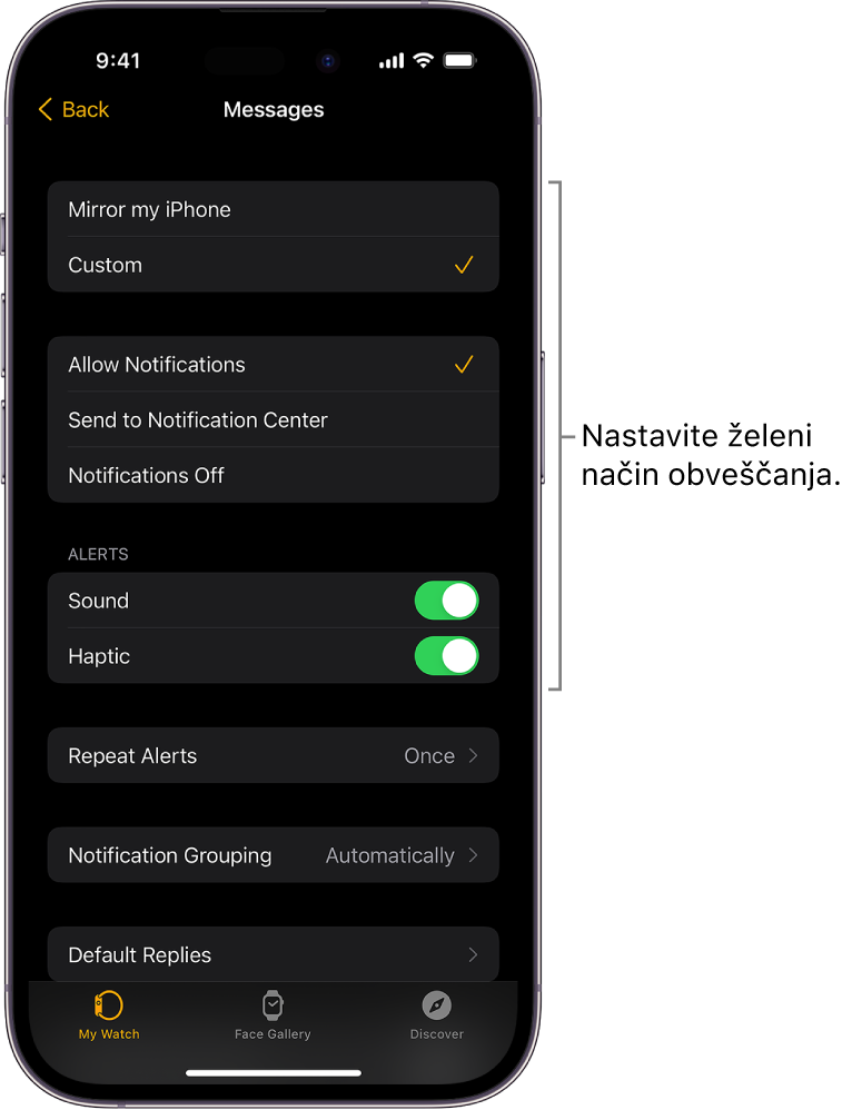 Nastavitve sporočil v aplikaciji Apple Watch v napravi iPhone. Izberete lahko, ali želite, da se opozorila pokažejo, vklopite zvok in haptiko ter določite ponovitve opozorila.