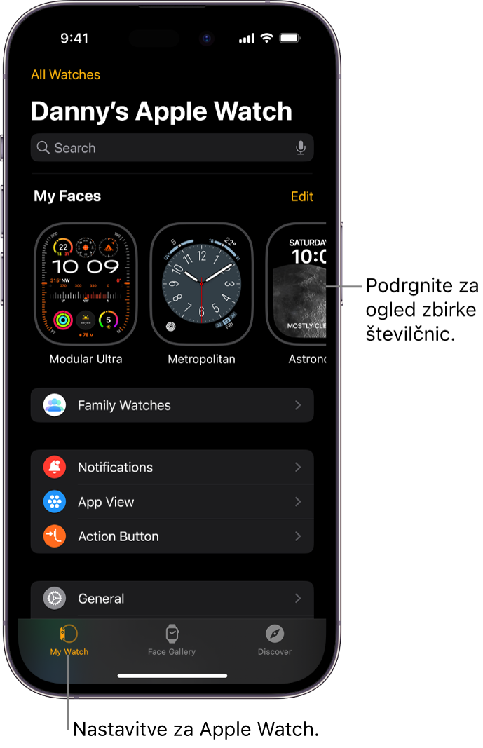 Aplikacija Apple Watch v napravi iPhone z odprtim zaslonom My Watch (Moja ura), na katerem so na vrhu številčnice in spodaj nastavitve. Na dnu zaslona aplikacije Apple Watch so trije zavihki: levi zavihek je My Watch (Moja ura), kjer najdete nastavitve za Apple Watch; naslednji je Face Gallery (Galerija številčnic), kjer lahko izberete številčnice in pripomočke, ki so na voljo; nato je Discover (Odkrij), kjer lahko izveste več o uri Apple Watch.