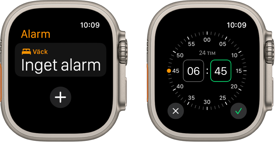 Två urtavlor som visar hur du lägger till ett alarm: Tryck på Nytt alarm, tryck på FM eller EM (om de visas), justera tiden genom att vrida på Digital Crown och tryck sedan på bockmarkeringsknappen.