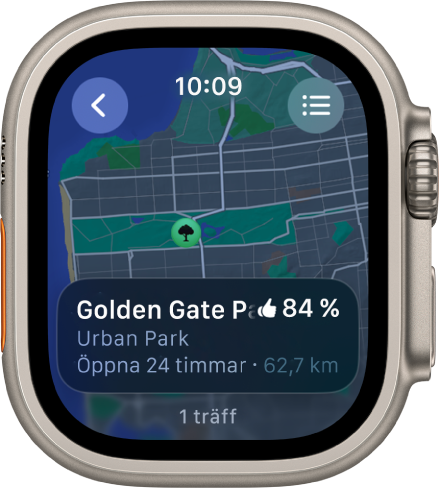 Appen Kartor som visar en karta över Golden Gate Park i San Francisco tillsammans med ett betyg för parken, dess öppettider och avståndet från din nuvarande plats. Knappen Rutter finns överst till höger. Tillbakaknappen finns uppe till vänster.