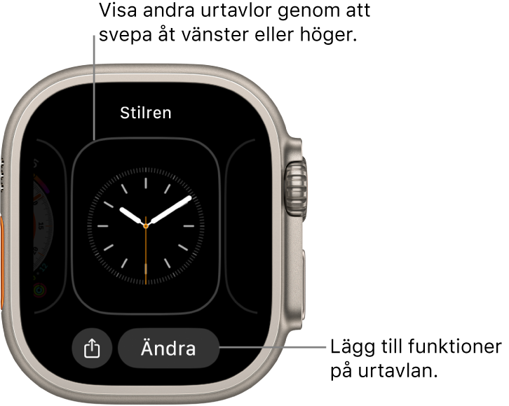 När du håller på urtavlan visas den nuvarande urtavlan med knapparna Dela och Ändra längst ned. Urtavlans namn visas högst upp. Visa andra urtavlor genom att svepa åt vänster eller höger. Lägg till önskade funktioner genom att trycka på en komplikation.