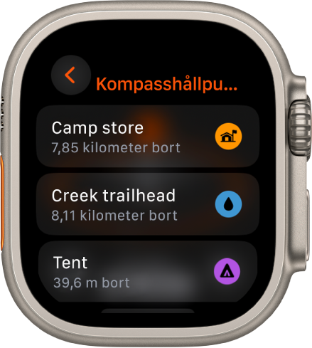 Appen Kompass visar en lista med hållpunkter.