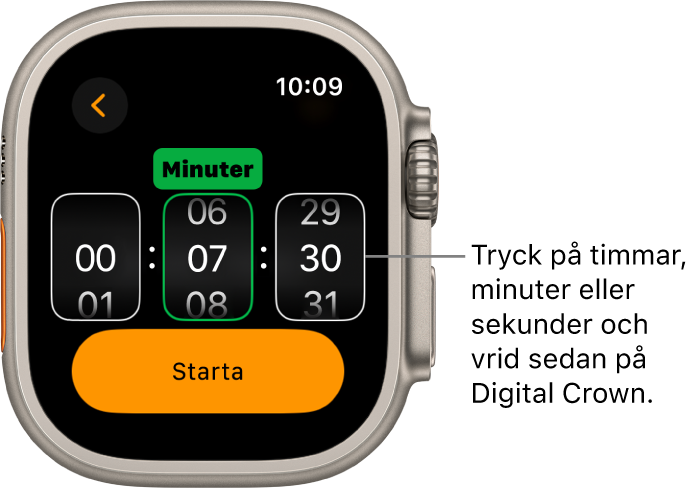 Inställningar för att skapa en anpassad timer, med timmar till vänster, minuter i mitten och sekunder till höger. Startknappen är nedanför.
