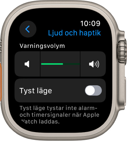 Inställningarna för Ljud och haptik på Apple Watch med skjutreglaget Varningsvolym högst upp och under det reglaget för tyst läge.