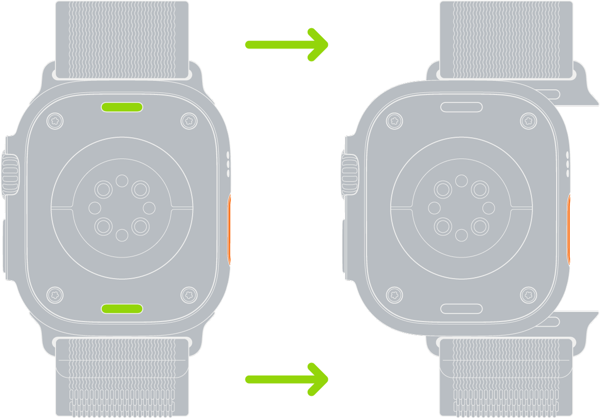 Två bilder på Apple Watch. Bilden till vänster visar knappen för armbandslossning. Bilden till höger visar ett armband som är delvis infört i armbandsfästet.