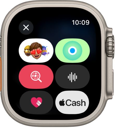 En skärm i Meddelanden med Apple Cash-knappen tillsammans med knapparna Memoji, Plats, GIF, Ljud och Digital Touch.