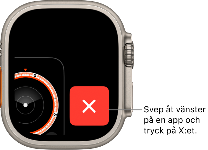 Appväxlaren visar ett stort X till höger och en del av en app till vänster. Tryck på X:et för att ta bort appen från appväxlaren.