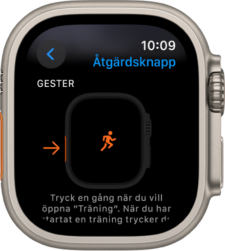 Skärmen Åtgärdsknapp på Apple Watch Ultra visar Träning som den tilldelade åtgärden och appen. När du trycker en gång på åtgärdsknappen öppnas appen Träning.