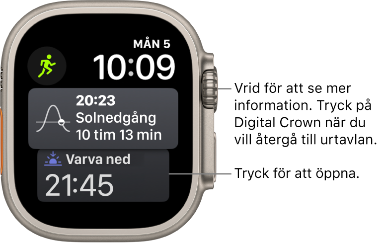 Siri-urtavlan visar datum och tid högst upp till höger. Komplikationen Månfas finns överst till vänster. Nedanför finns komplikationen Sol ↑/Sol ↓. Längst ned finns komplikationen Sömn.