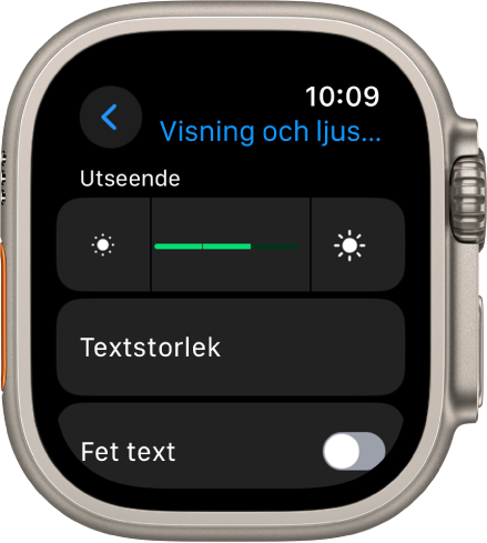 Inställningarna för skärm och ljusstyrka på Apple Watch med skjutreglaget Ljusstyrka högst upp och nedanför knappen Textstorlek.