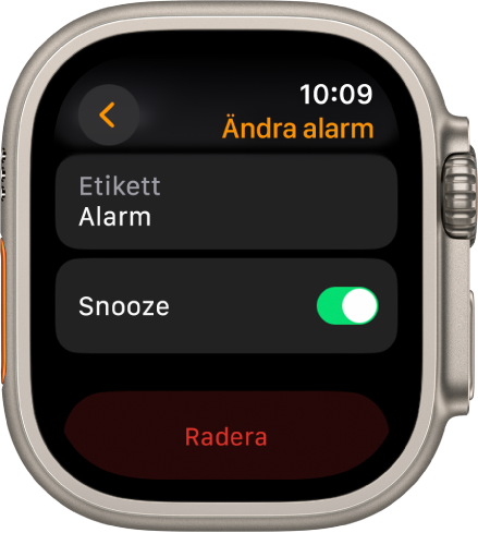 Skärmen Ändra alarm, med knappen Radera längst ned.