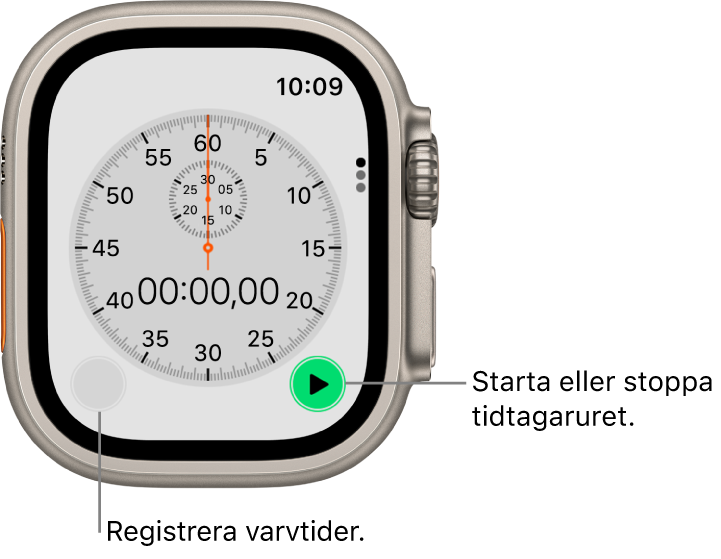 Skärm med analogt tidtagarur. Stoppa och starta klockan med knappen till höger och registrera varvtider med knappen till vänster.