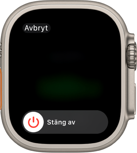 Apple Watch-skärmen visar reglaget Stäng av. Stäng av Apple Watch genom att dra reglaget.