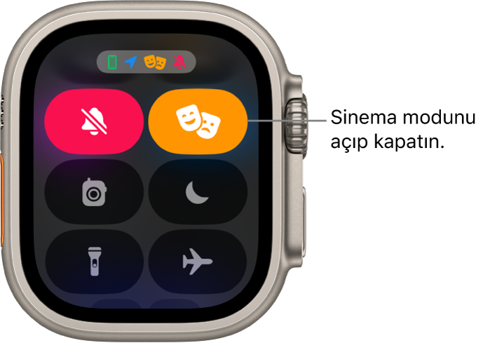 Sinema modunun açık olduğunu göstermek için sinema modu ve sessiz mod düğmeleri vurgulanmış Denetim Merkezi.