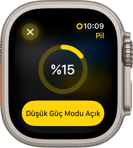 Kalan şarjı belirten bir kısmi sarı halka ile Düşük Güç Modu ekranı. Halkanın ortasında yüzde 15 yazıyor. Düşük Güç Modu Açık düğmesi en altta. Kapat düğmesi sol üstte.